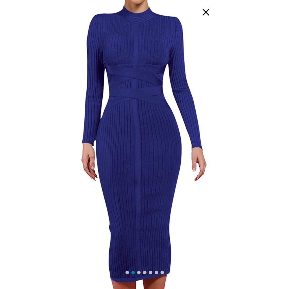 Blue bodycon midi long sleeve dress